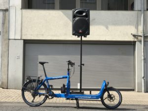 Emma - Bullitt Cargo Bike - Sound Bike for Events with Speaker on high post.